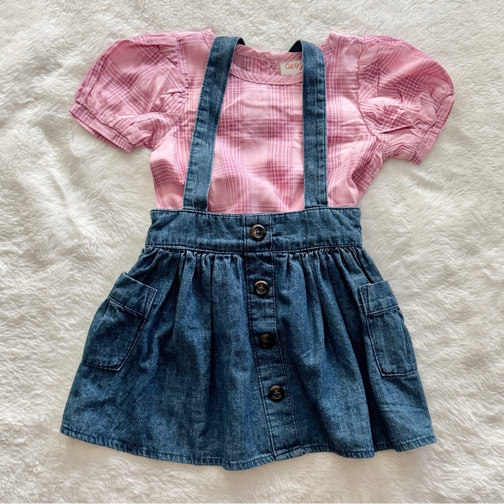 Cat & Jack Denim Skirtall and Pink Plaid Top 2 Piece Set Size 18 Months